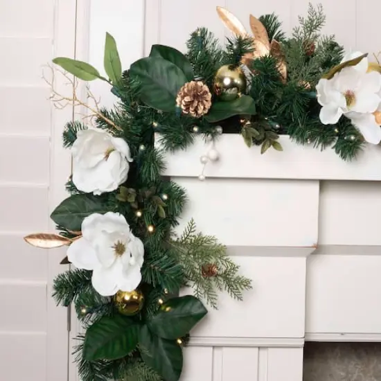 9ft. Pre-Lit Artificial White & Gold Magnolia Christmas Garland White Gold Magnolia {5}
