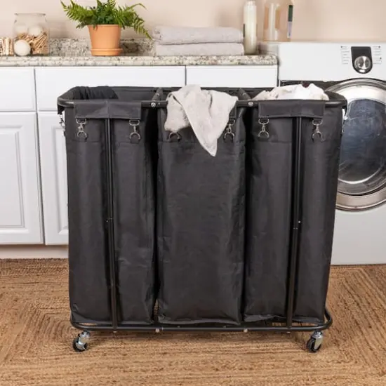 Household Essentials 34" Long Black 3-Bag Rolling Laundry Sorter {4}