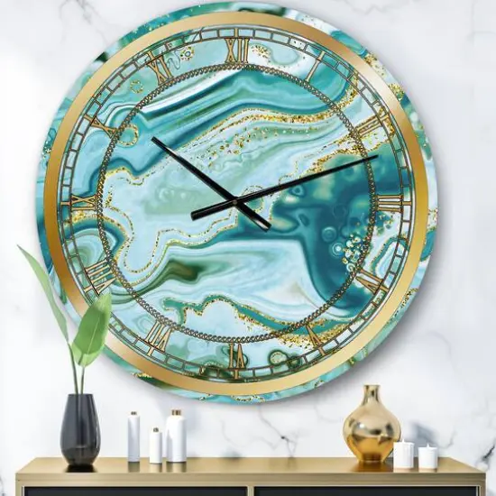 Designart 'Ocean Blue Golden Marble Modern Wall Clock {1}
