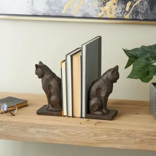 7.75" Dark Brown Cat Frowning Bookend Set with Copper Accents {3}