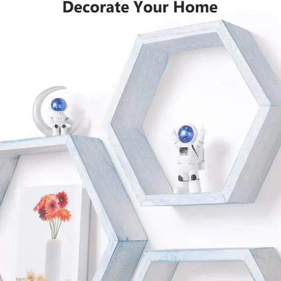 NEX™ Blue Whitewash Wall-Mounted Rustic Hexagon Honeycomb Hanging Shelf Set {5}