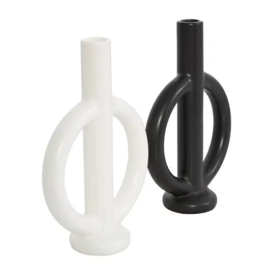 CosmoLiving by Cosmopolitan 10" Black & White Ceramic Geometric Ring Taper Candle Holder Set {7}