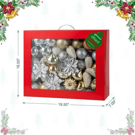 Glitzhome&reg; Elegant Silver & Gold Shatterproof Ornaments, Pinecone Picks & Ribbon Bow Set {9}