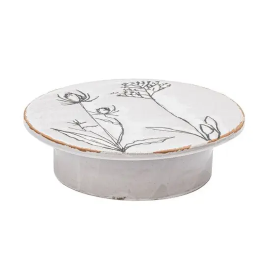 Hello Honey® 12" White & Black Round Debossed Stoneware Pedestal with Flowers & Reactive Glaze {1}