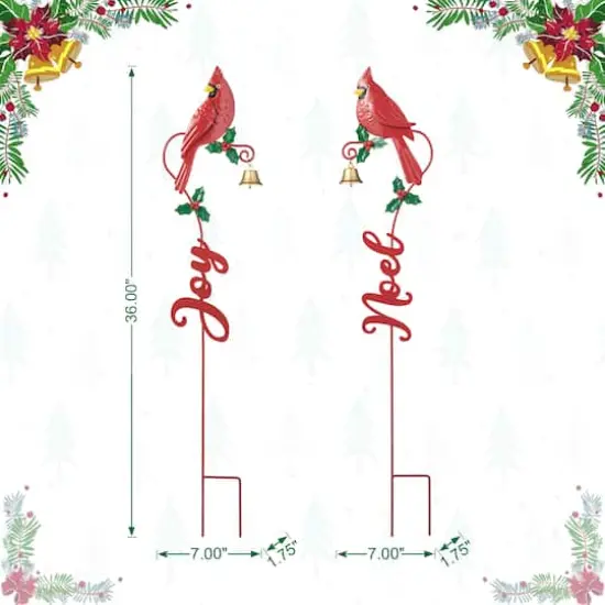 Glitzhome&reg; 3ft. Metal Cardinal Joy & Noel with Bell Yard Stake Set {9}
