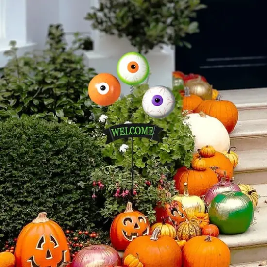 Glitzhome&reg; 35.25" Halloween Metal "WELCOME" Spring Eyeballs Yard Stake {4}
