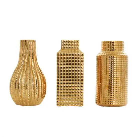 8" Gold Ceramic Geometric Dimensional Textured Vase Set with Grid Patterns {8}