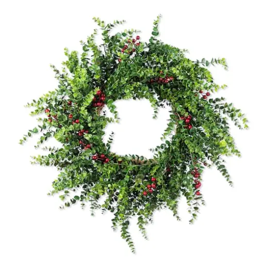 Glitzhome&reg; 28"D Christmas Greenery PE Eucalyptus Wreath with Red Berries {1}