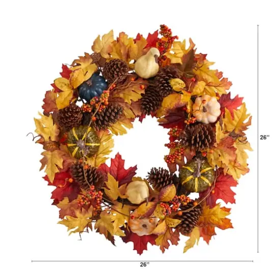 26" Fall Pumpkin, Gourd, Pinecone & Maple Leaf Wreath {3}