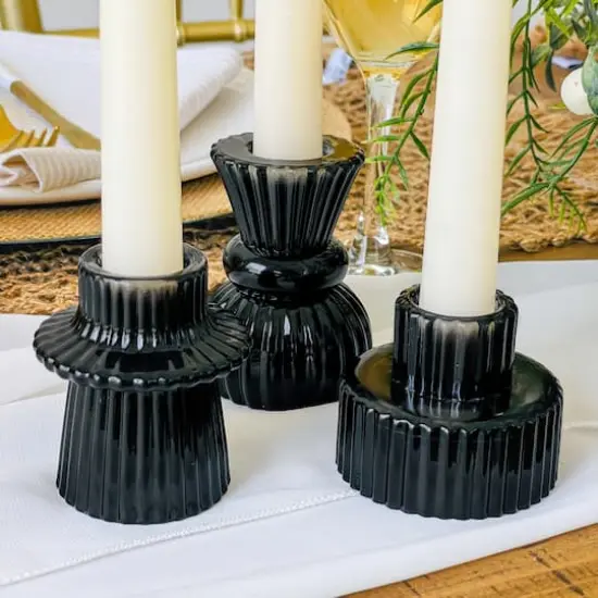 Kate Aspen&reg; Assorted Vintage Ribbed Black Glass Candlestick Candle Holder Set {4}