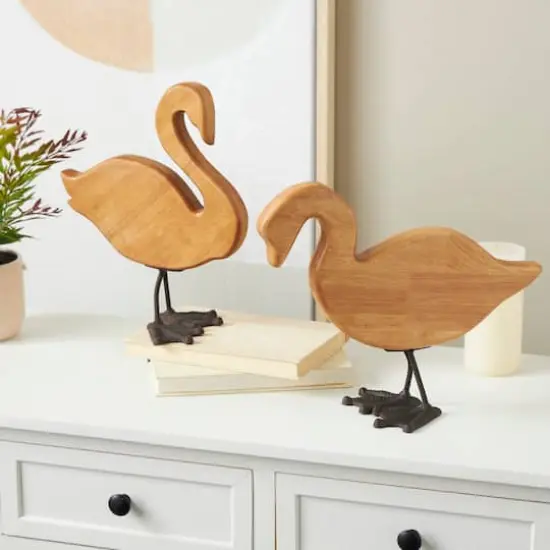 Brown Abstract Minimalistic Wood Swan Sculpture Set {3}