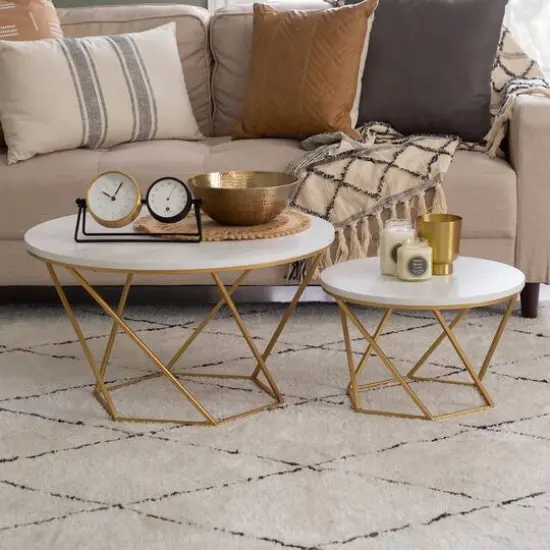 Faux White Marble & Gold Geometric Modern Nesting Coffee Table Set {4}