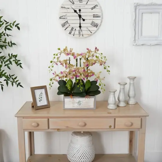 23" Cream & Pink Moth Orchid Arrangement in Decorative Wood Planter {3}