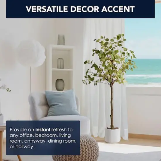 American Art Decor 5ft. Realistic Artificial Eucalyptus Tree Faux Plant in a White Pot  {3}