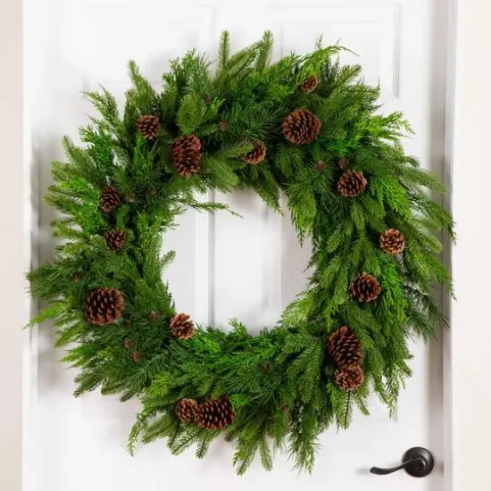 30in. Artificial Norfolk Mixed Pine Wreath with Pinecones {8}