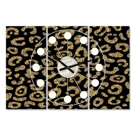 Designart Golden Leopard Fur Oversized Mid-Century Modern 3 Panel Wall Clock {1}