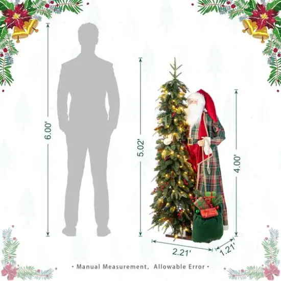 Glitzhome&reg; 4FT Oversized Christmas Woodland Santa with 5FT Lighted Green Artificial Christmas Tree {9}