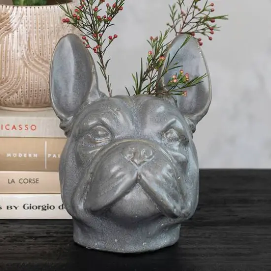 Hello Honey® 8.5" Gray Reactive Glaze Stoneware French Bulldog Head Vase {3}