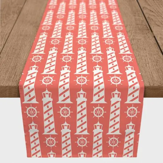 Light Houses Indoor/Outdoor Table Runner White on Coral {4}