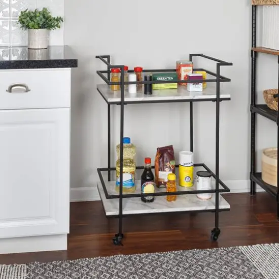 Honey Can Do 2-Tier Black & White Faux Marble Rolling Bar & Serving Cart {6}