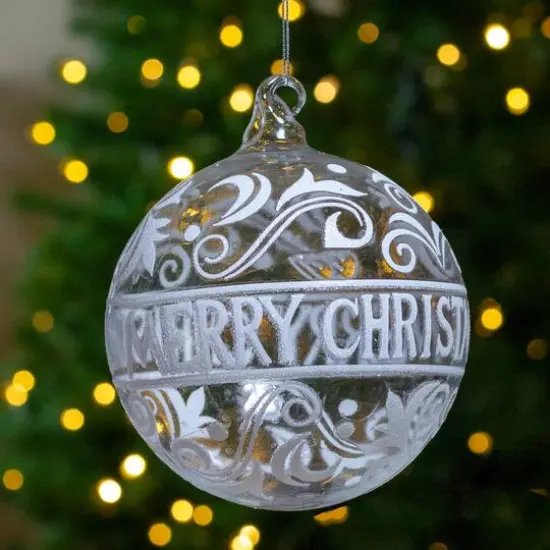 6" Clear & White "Merry Christmas" Glass Ball Ornament {5}