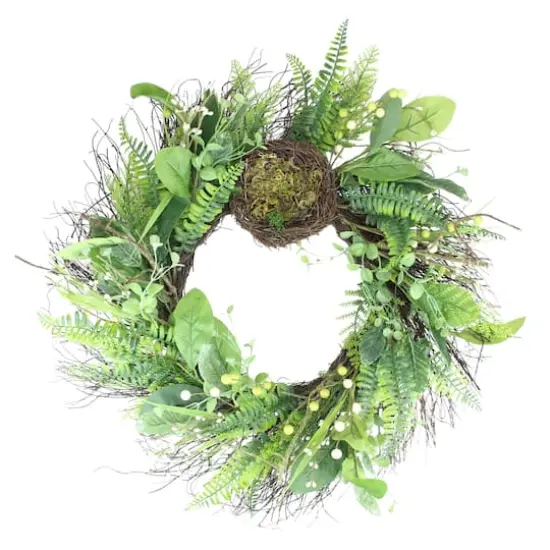 24" Green & Brown Mixed Foliage Artificial Spring Wreath with Nest {1}
