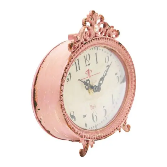 Hello Honey&reg; 6.5" Distressed Pewter Mantel Clock Pink {6}