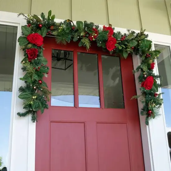 Village Lighting 9ft. Pre-Lit LED Red Peonies & Berry Garland {3}