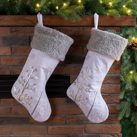 Glitzhome&reg; 21" White Fleece Stocking with Christmas Tree & Snowflake, 2ct. {3}