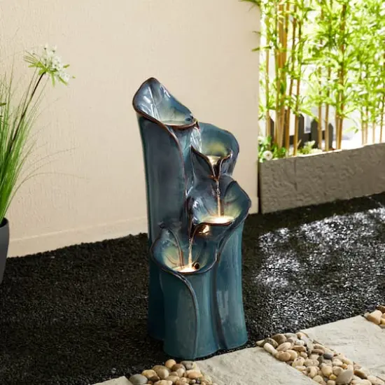 Glitzhome&reg; 31.25" 4-Tier LED Lotus Leaf Textured Ceramic Vase Outdoor Floor Fountain Turquoise {4}