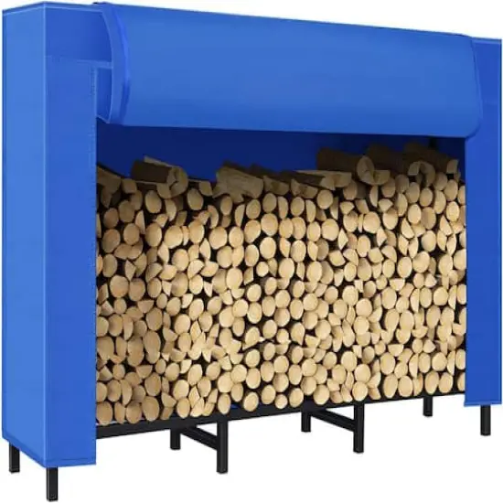 4ft. Black Firewood Metal Rack with Blue Storage Cover {3}