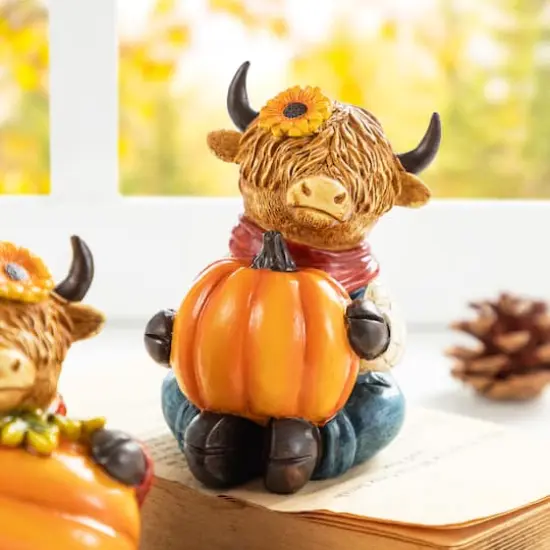 Glitzhome&reg; 4.25" Fall Resin Highland Cow Table Decor Set {7}
