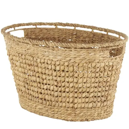 30" Brown Seagrass Handmade Woven Oval Storage Basket with Elevated Rim & Slot Handles {1}