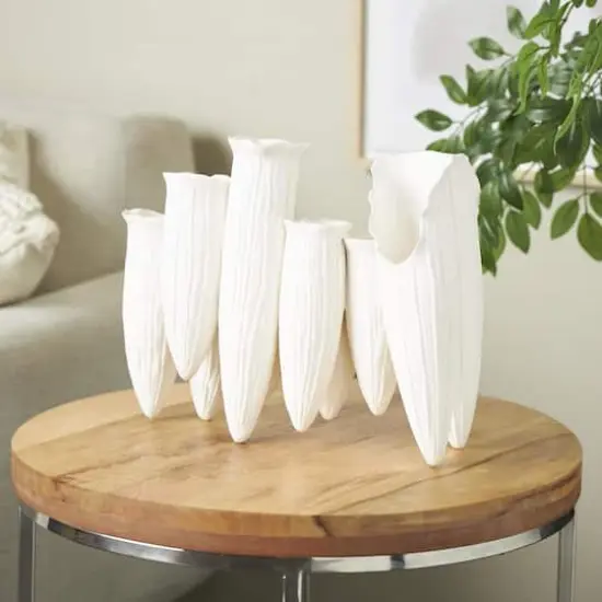 14" White Ceramic Abstract Floral Inspired Decorative Vase with Linear Grooves & 10 Openings {9}