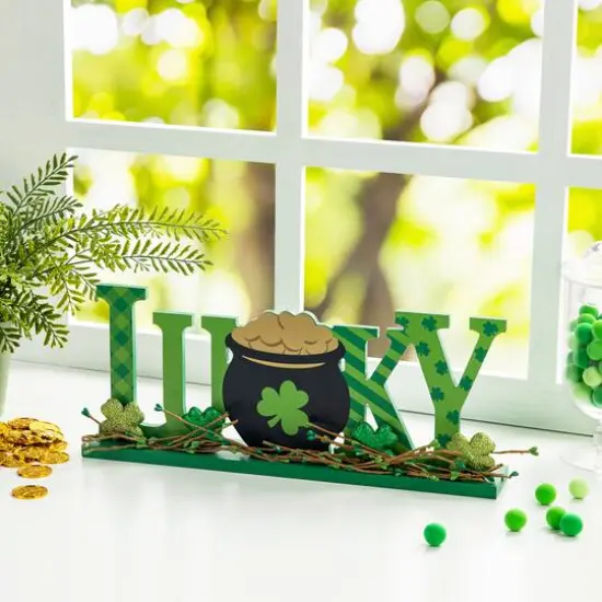 Glitzhome&reg; 15.75" St. Patrick'Lucky Wooden Table Decor {6}