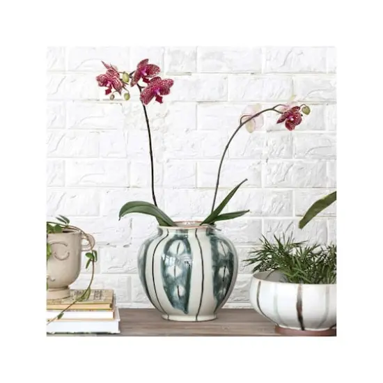 Hello Honey&reg; 9" Cream & Green Reactive Glaze Striped Round Hand-Painted Stoneware Vase {4}