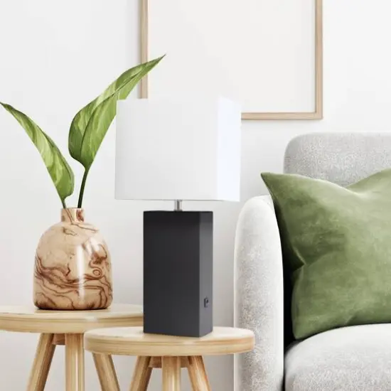 Lalia Home Lexington 21" Leather Table Lamp with USB Charging Port Black {5}