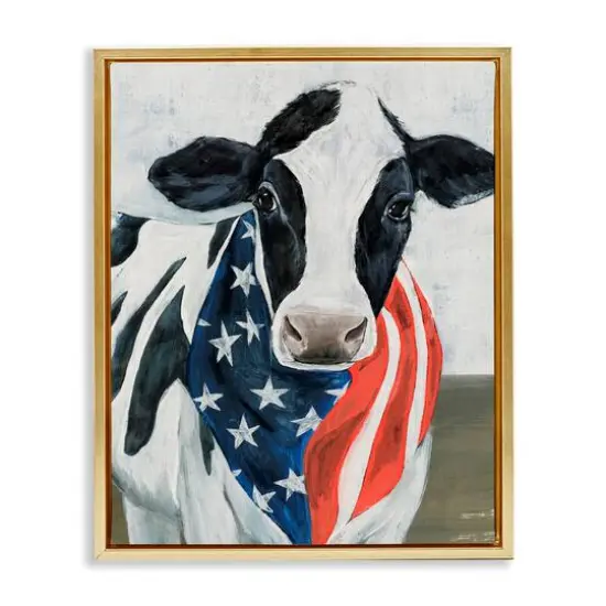 Stupell Industries Farm Cow American Flag Animal Floater Framed Art Gold {1}