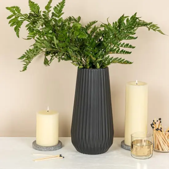 Hello Honey&reg; 11.5" Matte Black Round Stoneware Fluted Vase with Embossed Lines {3}