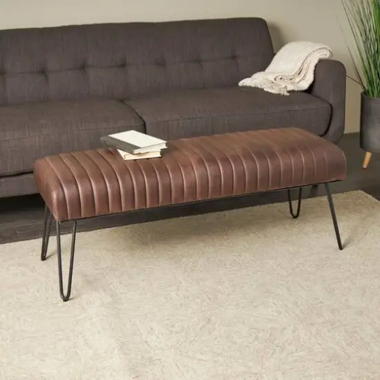 4ft. Dark Brown Leather Upholstered Bench with Hairpin Legs {3}