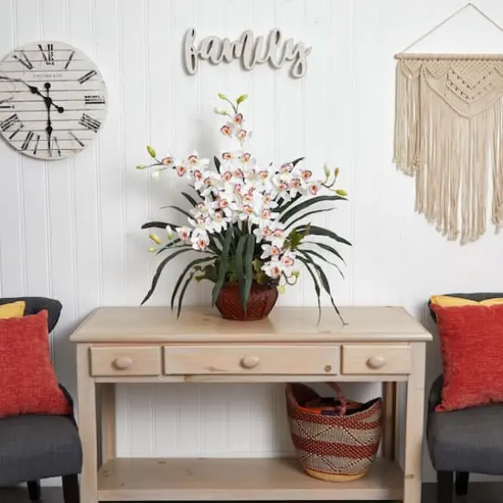 30" White Silk Cymbidium Arrangement with Decorative Vase {3}