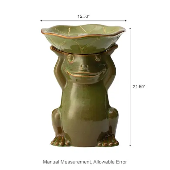Glitzhome&reg; 21.5" LED Olive Green Frog Holding Lotus Birdbath Ceramic Outdoor Floor Fountain {5}