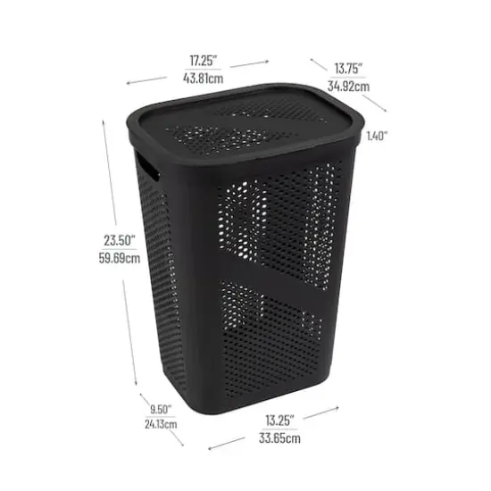 Mind Reader 60L Black Ventilated Slim Laundry Hamper with Cut Out Handles & Hinged Lid {4}