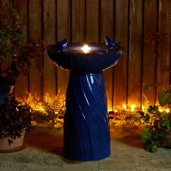 Glitzhome&reg; 24.75" LED Cobalt Blue Twist Ceramic Birdbath Outdoor Floor Fountain {8}