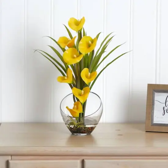 15.5" Yellow Calla Lily and Grass Arrangement in Vase {3}