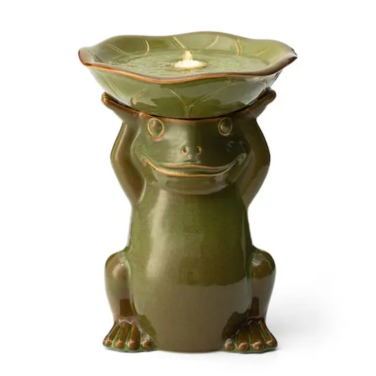 Glitzhome&reg; 21.5" LED Olive Green Frog Holding Lotus Birdbath Ceramic Outdoor Floor Fountain {1}