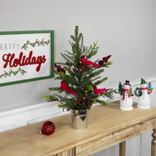 2ft. Pre-Lit Potted Mixed Pine, Berry & Cardinals Christmas Tree, Warm White LED Lights {3}