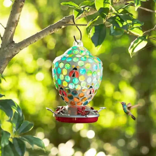 Glitzhome&reg; 8.25" Blue & Green Dots & Ladybugs Glass Hanging Bird Feeder {3}