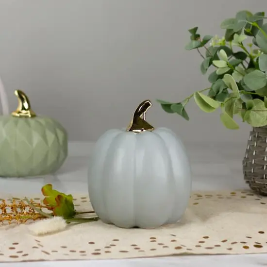 7" Gray & Gold Fall Harvest Ceramic Pumpkin Decoration {3}