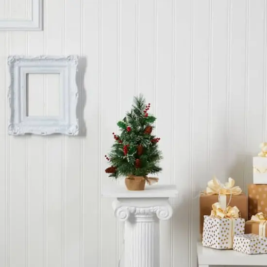 18" Pre-Lit Mixed Pine Artificial Christmas Tree with Holly Berries & Pinecones, Clear LED Lights {7}